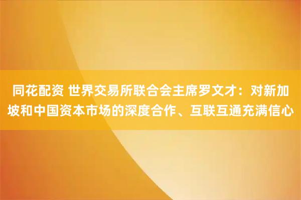 同花配资 世界交易所联合会主席罗文才：对新加坡和中国资本市场的深度合作、互联互通充满信心